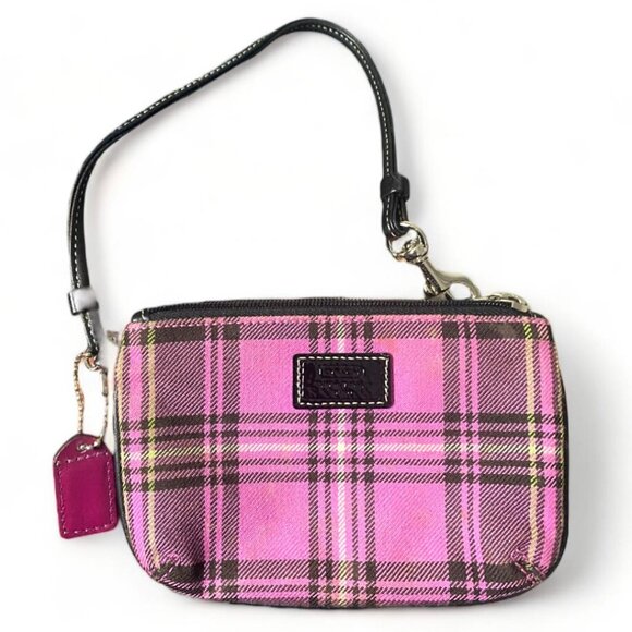COACH- pink & black plaid Canvas small wristlet W/ HANGTAG - Picture 1 of 4